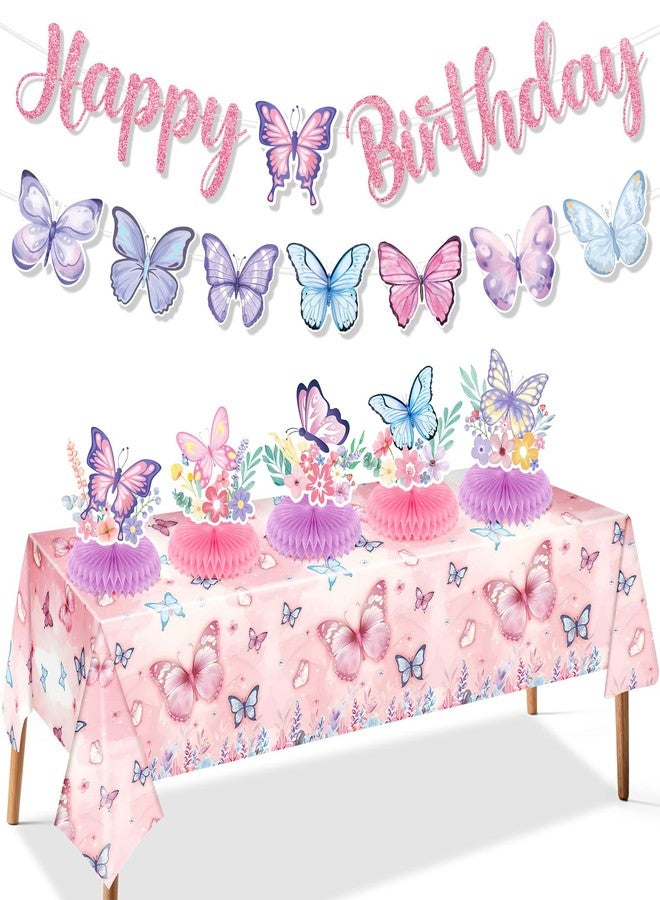 Wayyogh Butterfly Party Decorations Pink Purple Butterfly Happy Birthday Bunting Banner Floral Butterfles Tablecloth and 5Pcs Table Honeycomb Centerpieces Decor for Girls Summer Princess Birthday Supplies - Image 1